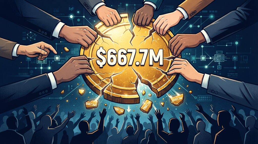 Golden coin fragmenting as multiple hands pull pieces away, representing OUSD consortium redistributing Circle's $667.7M reserve income. Dark navy background with blockchain grid lines.