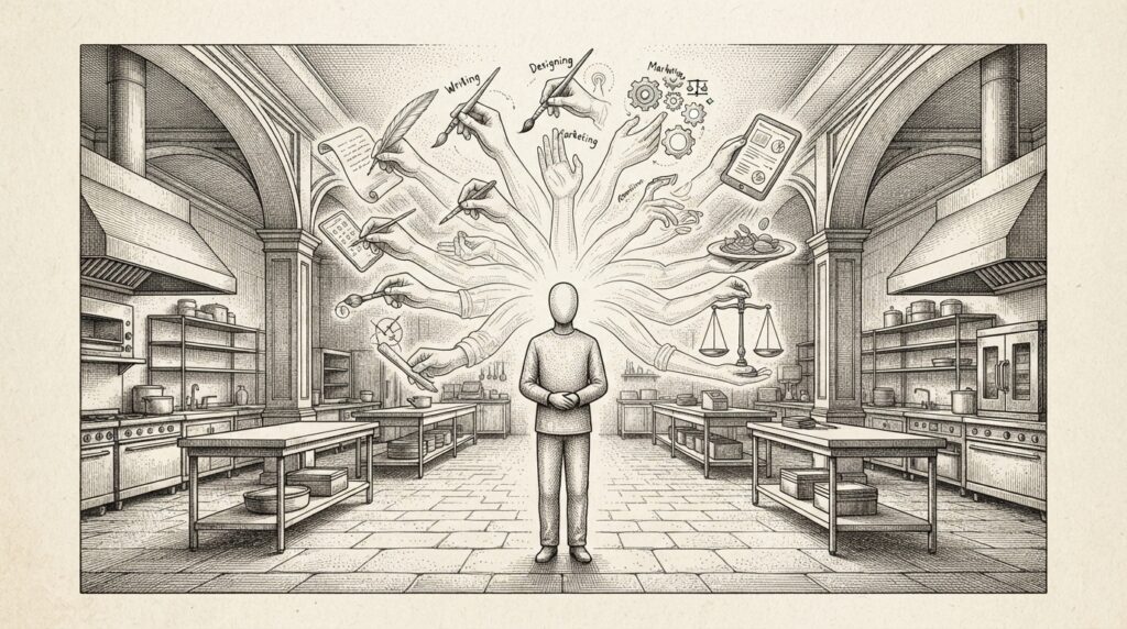 A small faceless figure stands at the center of a vast, empty commercial kitchen. Above them, transparent agent hands radiate outward, each performing a different invisible task — one writes, one markets, one designs, one takes orders. The figure is calm; the hands are the motion. Monochrome pen-and-ink engraving.