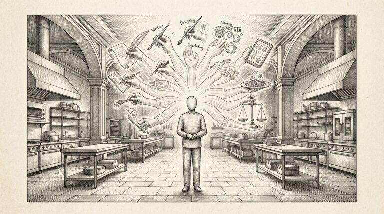 A small faceless figure stands at the center of a vast, empty commercial kitchen. Above them, transparent agent hands radiate outward, each performing a different invisible task — one writes, one markets, one designs, one takes orders. The figure is calm; the hands are the motion. Monochrome pen-and-ink engraving.