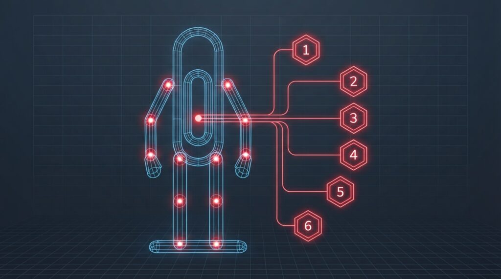 Sepia-toned technical illustration of a paperclip-shaped wireframe figure with glowing red vulnerability indicators at its joints on a dark slate grid.