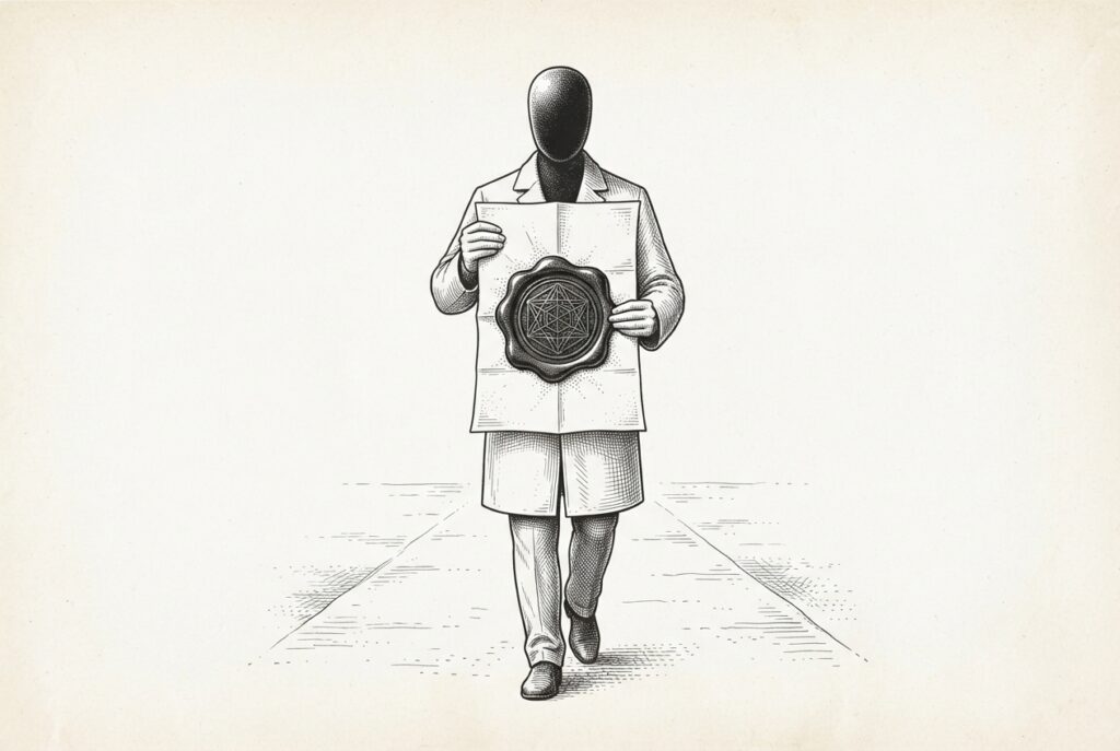 Pen-and-ink engraving of a faceless silhouette figure holding a sealed document with an elaborate wax seal - conceptual illustration of an AI agent carrying cryptographic proof of identity authorization.