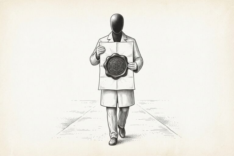 Pen-and-ink engraving of a faceless silhouette figure holding a sealed document with an elaborate wax seal - conceptual illustration of an AI agent carrying cryptographic proof of identity authorization.