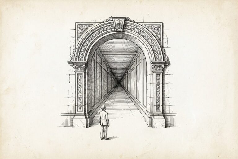 Pen-and-ink engraving of an ornate stone archway opening onto a long corridor that narrows dramatically into a restrictive passage, representing Alibaba's revenue gate for open weights.