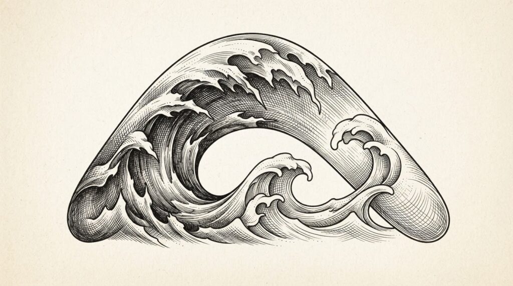 Monochrome editorial engraving of two opposing waves - one larger representing AI job cuts, one smaller but growing representing the rehiring correction wave