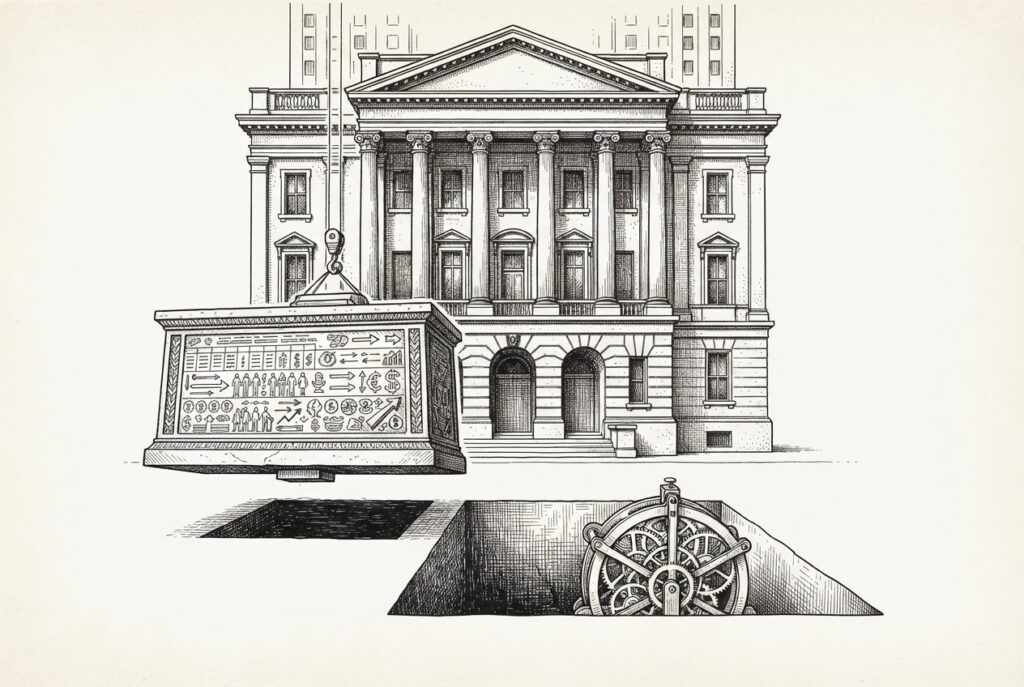 Monochrome pen-and-ink engraving of a massive ornate foundation stone being lifted from the base of a classical building by unseen mechanical forces, revealing a new mechanism being installed beneath. The building above stands solid and unchanged - agents replacing the deepest layer of enterprise infrastructure.