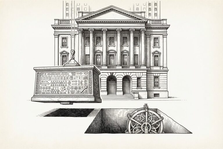 Monochrome pen-and-ink engraving of a massive ornate foundation stone being lifted from the base of a classical building by unseen mechanical forces, revealing a new mechanism being installed beneath. The building above stands solid and unchanged - agents replacing the deepest layer of enterprise infrastructure.