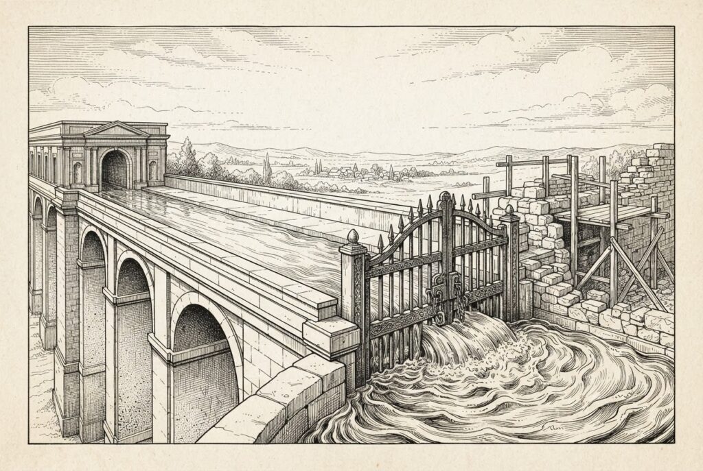 A stone aqueduct carries institutional credit flow toward borrowers, but a locked iron gate blocks the channel - water pools against the gate, waiting. The aqueduct is complete on the near side but unfinished scaffolding beyond the gate. Monochrome pen-and-ink engraving.