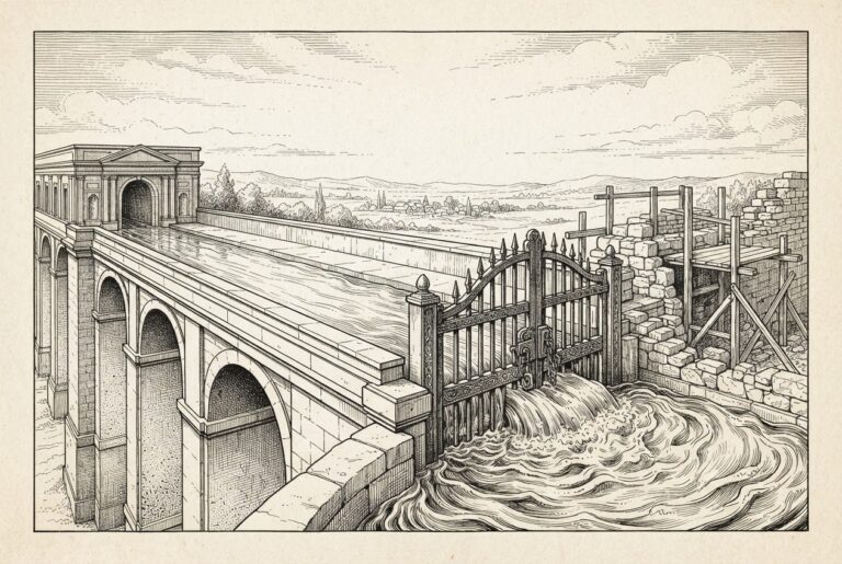 A stone aqueduct carries institutional credit flow toward borrowers, but a locked iron gate blocks the channel - water pools against the gate, waiting. The aqueduct is complete on the near side but unfinished scaffolding beyond the gate. Monochrome pen-and-ink engraving.