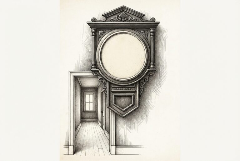 A large ornate Victorian wall clock with a blank, empty face - no hands, no numerals - mounted above a domestic doorway showing a detailed hallway receding into depth. Monochrome engraving.