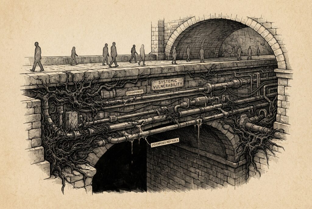 Stone bridge with exposed foundation pipes and conduits beneath the walkway, some pipes leaking. Faceless figures cross above, unaware.