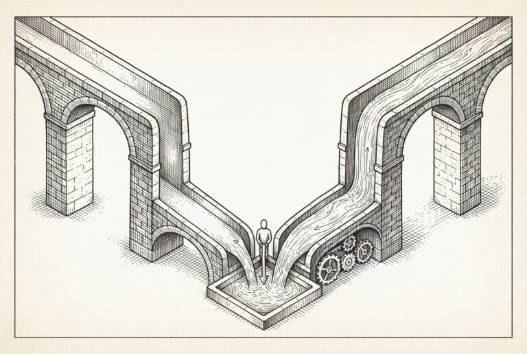Monochrome pen-and-ink engraving of two stone aqueducts converging into a single delivery channel - one carrying a visible stream of data-flow, the other structurally complete but intentionally dry - with a faceless figure directing the flow into operational machinery below.