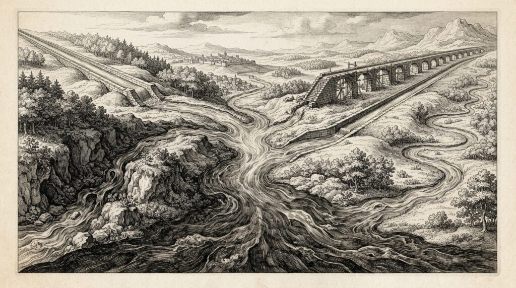Pen-and-ink engraving of five separate streams of water flowing from different directions across a landscape, converging into a single wide, powerful river - representing five separate regulatory tracks flowing together into a unified institutional framework.