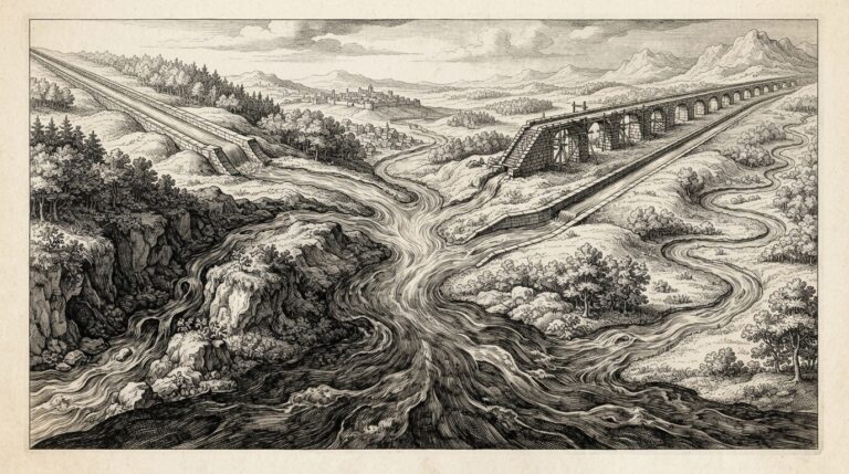 Pen-and-ink engraving of five separate streams of water flowing from different directions across a landscape, converging into a single wide, powerful river - representing five separate regulatory tracks flowing together into a unified institutional framework.