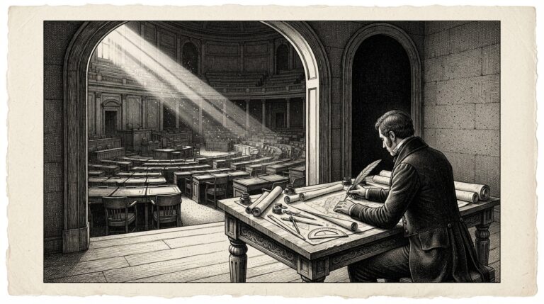 A lone bureaucratic figure in formal attire writes at a drafting table covered with compasses and rolled documents. Behind him, through a tall arched doorway, an enormous legislative chamber stretches into darkness — completely empty, its desks and chairs abandoned.