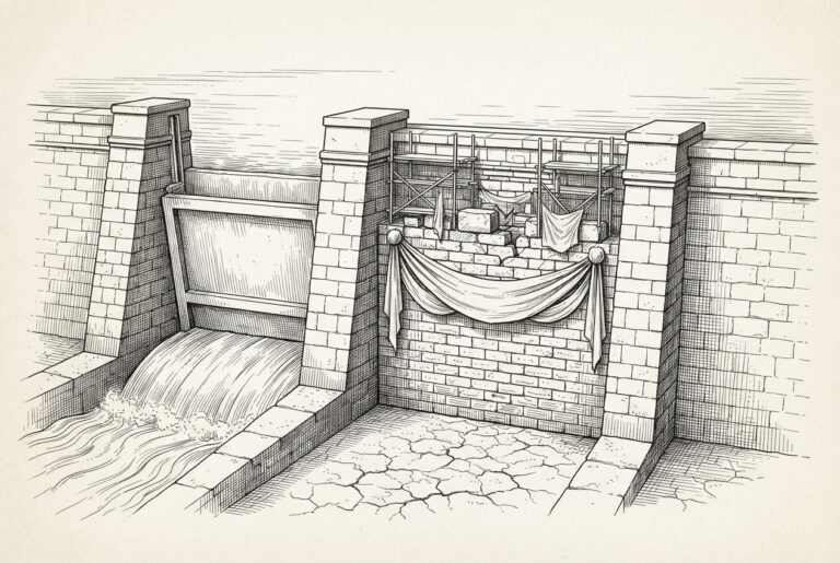 A massive stone dam with two sluice gates - one gate wide open with water rushing through freely, the other gate deliberately bricked shut with heavy stones, scaffolding half-abandoned, and political banners draped across the sealed passage. Conceptual illustration of regulatory bifurcation: one current of financial innovation flows freely while its parallel twin is dammed shut by political obstruction.