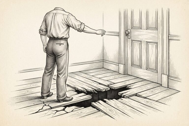 A faceless figure in a domestic interior reaches toward a door lock while the floorboards beneath crack and fracture, symbolizing agent infrastructure debt.