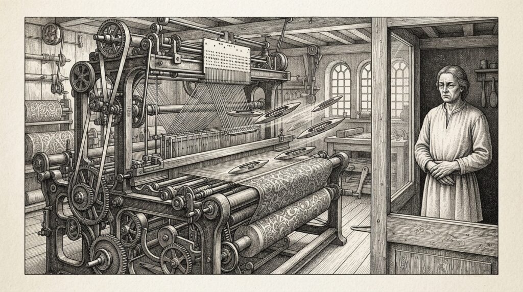 A mechanical loom weaving intricate fabric autonomously while a human figure watches from behind a glass panel, hands idle — the shift from builder to architect