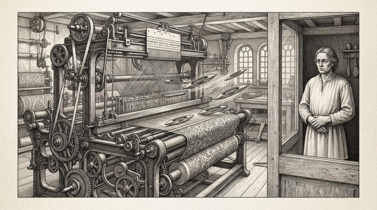 A mechanical loom weaving intricate fabric autonomously while a human figure watches from behind a glass panel, hands idle — the shift from builder to architect