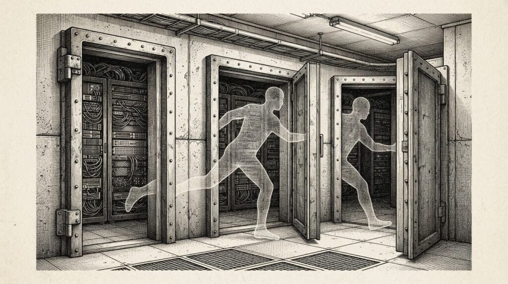 Three wide-open blast doors in a corporate datacenter, a translucent agent silhouette stepping through all three at once