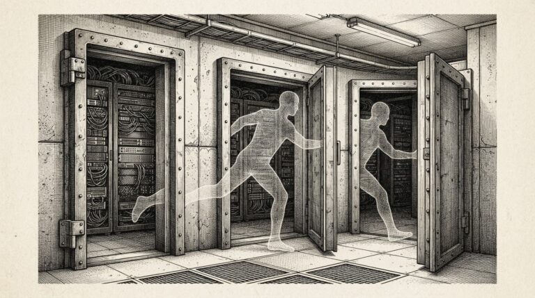 Three wide-open blast doors in a corporate datacenter, a translucent agent silhouette stepping through all three at once