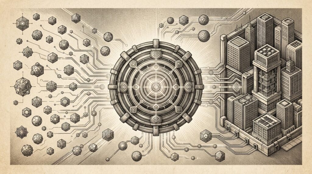A centralized gateway connecting multiple autonomous AI agents to enterprise data systems, depicted as a secure hub with identity and policy enforcement layers. Monochrome pen-and-ink engraving on warm paper.