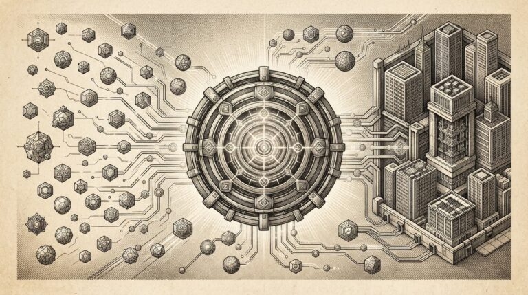 A centralized gateway connecting multiple autonomous AI agents to enterprise data systems, depicted as a secure hub with identity and policy enforcement layers. Monochrome pen-and-ink engraving on warm paper.