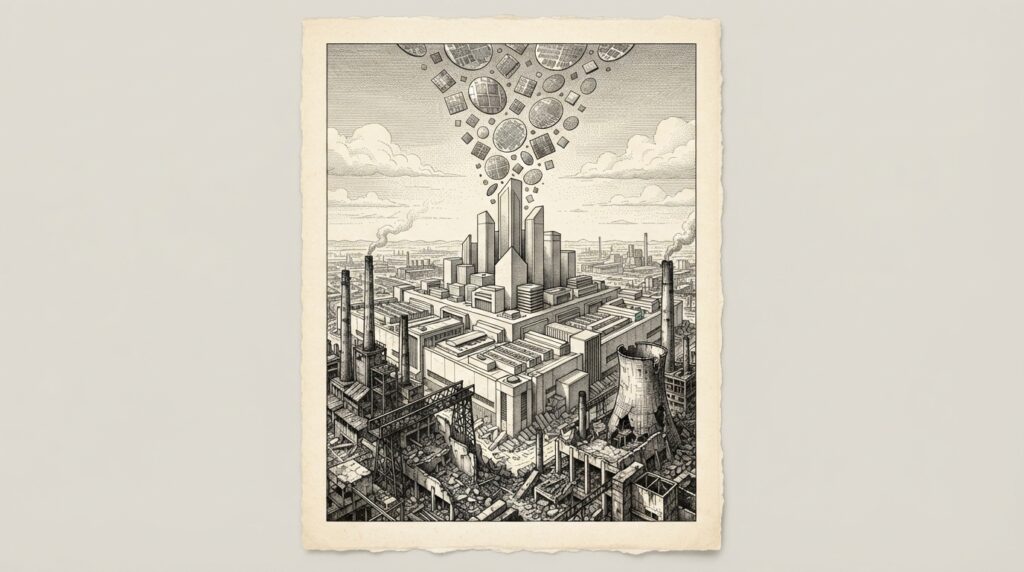 Monochrome editorial illustration of a massive semiconductor fabrication facility rising from the ruins of a coal-fired power plant in Grimes County, Texas - the SpaceX/Tesla Terafab project