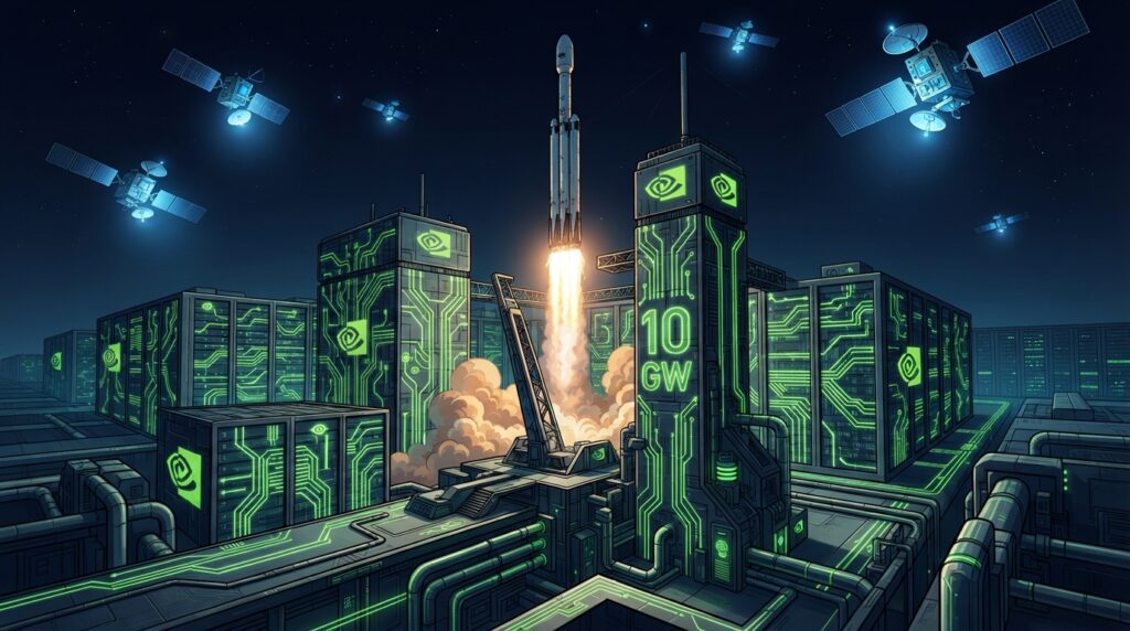 SpaceX rocket launching from massive Nvidia GPU data center complex with orbital satellites carrying compute modules