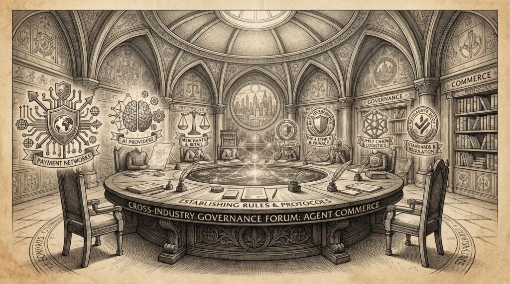 A round table or council chamber where different industry symbols converge to establish rules for agent commerce — conceptual illustration of cross-industry governance forum.