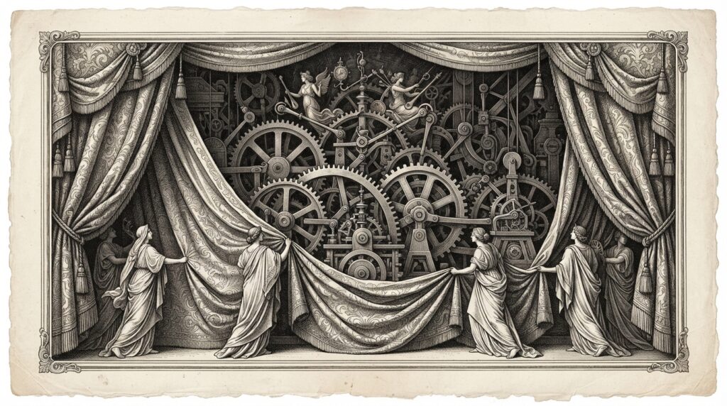 Ornate theater curtain pulled aside to reveal industrial gears and machinery — allegorical engraving of entertainment industry unveiling AI creative infrastructure