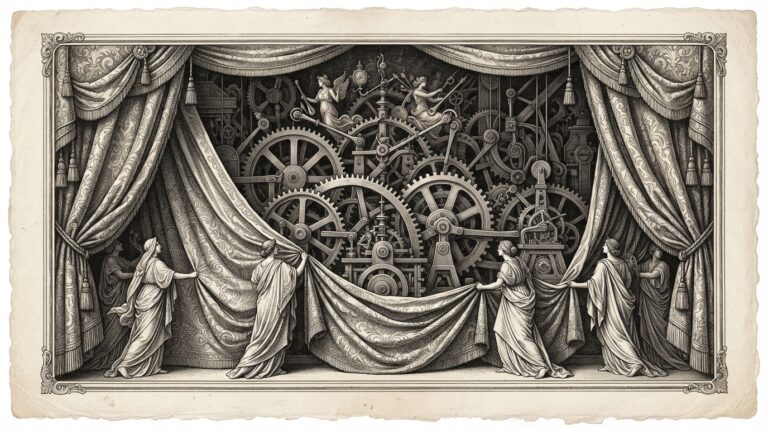 Ornate theater curtain pulled aside to reveal industrial gears and machinery — allegorical engraving of entertainment industry unveiling AI creative infrastructure