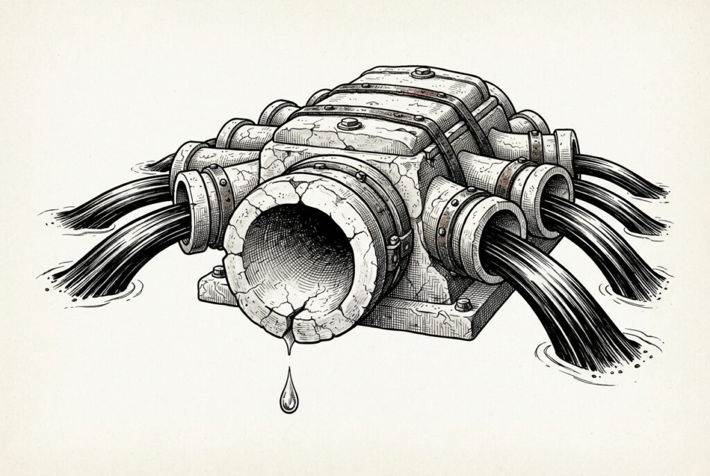 Conceptual black-ink engraving of a large cracked central outlet nearly dry while many smaller outlets send broad streams outward.