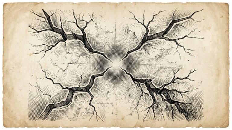 Pen-and-ink engraving of branching fractures radiating from a single central weakness point, symbolizing four CVEs from one shared architectural flaw in agent tool design