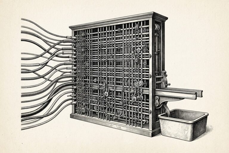 Hand-drawn engraving of an antique mechanical crossbar switchboard representing model routing as critical infrastructure - many distinct input lines converge into a central routing matrix that sorts and directs them to a single output rail