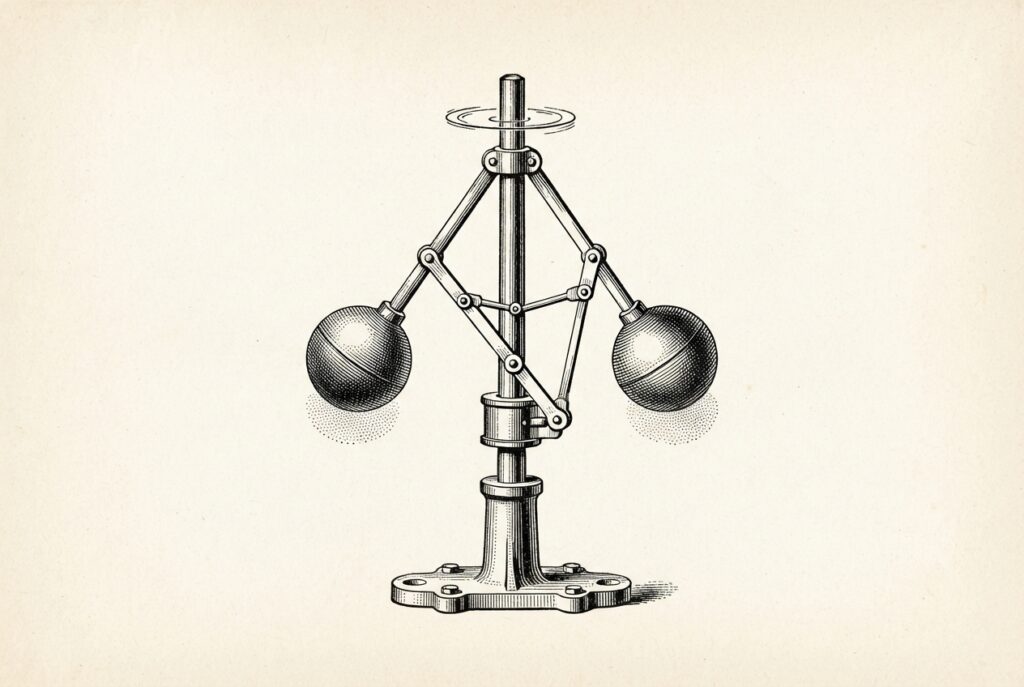 Monochrome pen-and-ink engraving of a Victorian centrifugal governor mechanism — a self-regulating device with weighted arms on a spindle that automatically controls engine speed. The invisible infrastructure that keeps complex systems from spinning out of control.