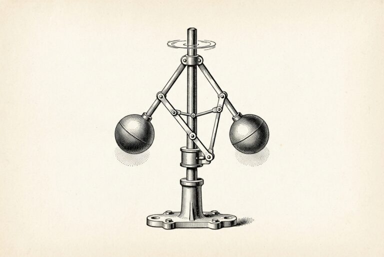 Monochrome pen-and-ink engraving of a Victorian centrifugal governor mechanism — a self-regulating device with weighted arms on a spindle that automatically controls engine speed. The invisible infrastructure that keeps complex systems from spinning out of control.