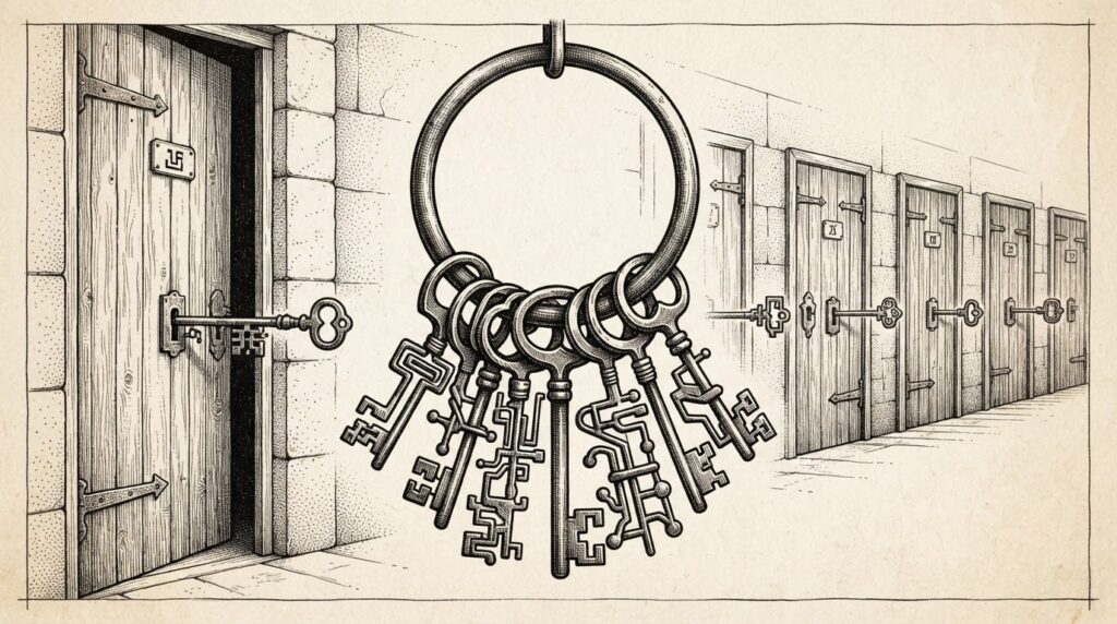 A metal ring holding a dozen ornate antique keys, each uniquely shaped, with a heavy wooden door slightly ajar behind it and a corridor of similar doors receding into the distance. Monochrome pen-and-ink engraving on warm paper with fine cross-hatching and stippling. Conceptual illustration of session isolation failure where one key opens every door.