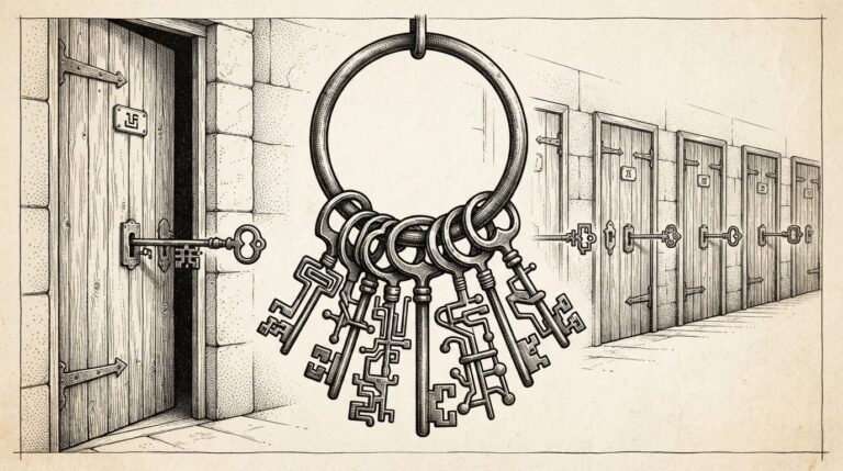 A metal ring holding a dozen ornate antique keys, each uniquely shaped, with a heavy wooden door slightly ajar behind it and a corridor of similar doors receding into the distance. Monochrome pen-and-ink engraving on warm paper with fine cross-hatching and stippling. Conceptual illustration of session isolation failure where one key opens every door.