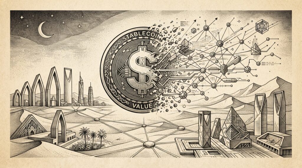 Tether Hadron tokenization platform metamorphosing from stablecoin to infrastructure against Saudi Arabian architectural horizon