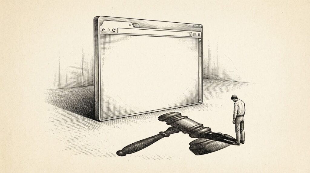 A web browser window casting a long shadow on a solitary human figure, symbolizing the burden of liability shifting from digital tools to users in the wake of the 9th Circuit's ruling.