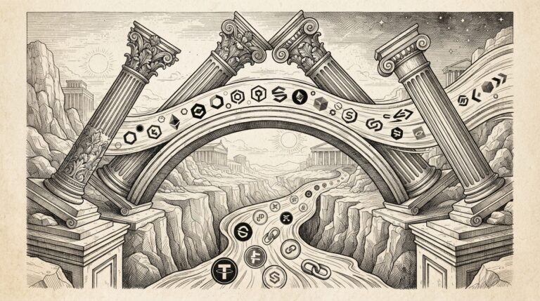 Monochrome pen-and-ink engraving of four classical bank pillars merging into a single bridge arch, with digital tokens flowing across the bridge and stablecoins flowing below in the opposite direction
