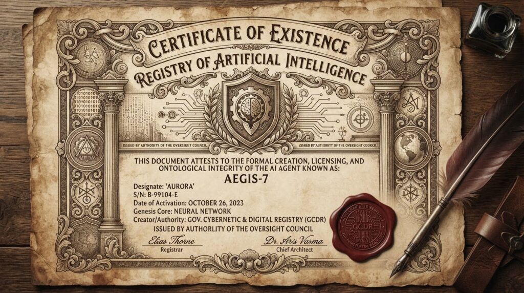 A sepia-toned pen-and-ink engraving of a formal digital certificate or 'birth certificate' for an AI agent, featuring intricate cryptographic patterns, a wax seal with a circuit board design, and a government quill pen, set on aged parchment.
