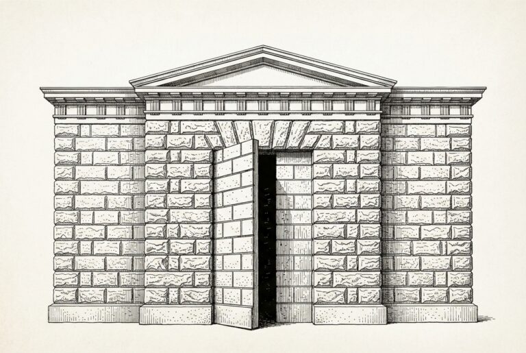Monochrome pen-and-ink engraving of an imposing classical fortress wall with a secret door slightly ajar, revealing a dark hollow corridor within - the security architecture itself contains the breach