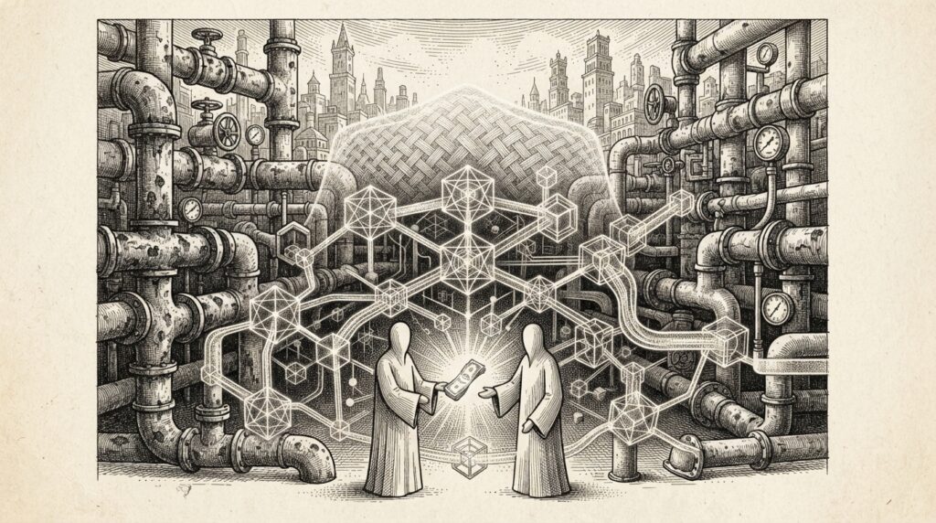 Monochrome engraving of institutional plumbing being replaced by blockchain atomic settlement nodes, representing the first fully onchain repo transaction on Canton Network