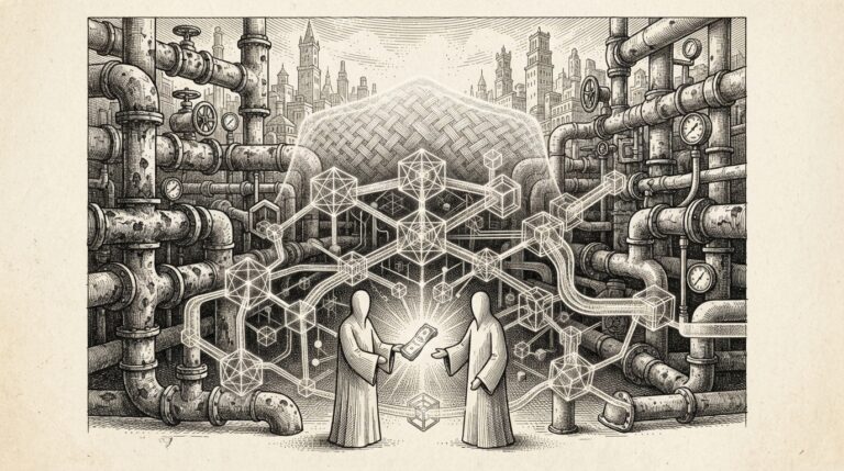 Monochrome engraving of institutional plumbing being replaced by blockchain atomic settlement nodes, representing the first fully onchain repo transaction on Canton Network
