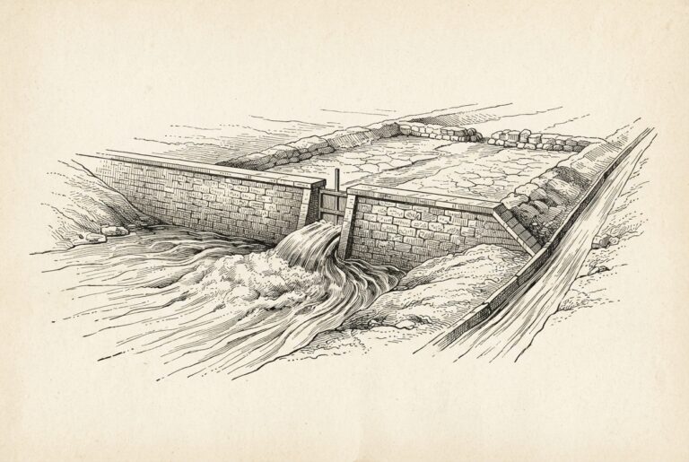 A wide river of commerce forced through a single narrow sluice gate in a massive stone dam, while a wider alternative channel beside it lies dry and abandoned. Conceptual illustration of Treasury's definitional choice routing stablecoins through a narrow payment-infrastructure passage while blocking the investment-classification path.