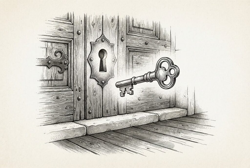 A brass house key suspended in mid-air before an ornate wooden door with a keyhole plate on its exterior surface - the key is close but cannot reach the lock.