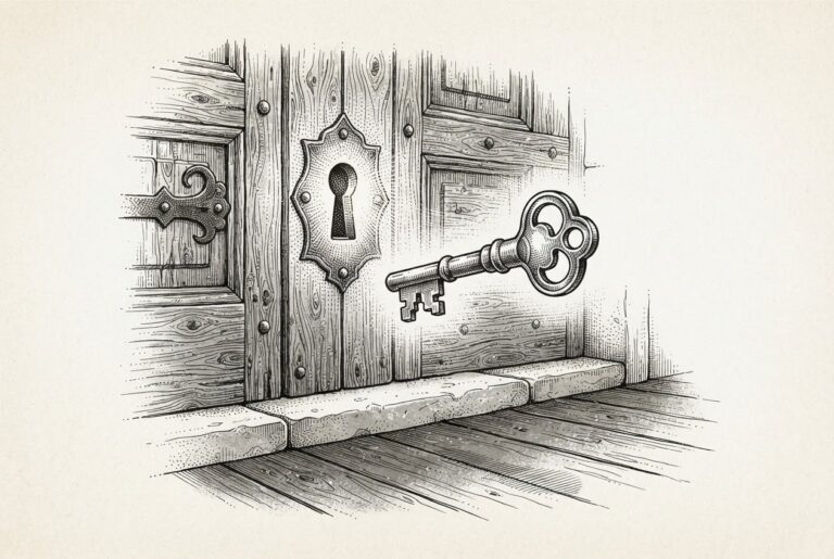 A brass house key suspended in mid-air before an ornate wooden door with a keyhole plate on its exterior surface - the key is close but cannot reach the lock.