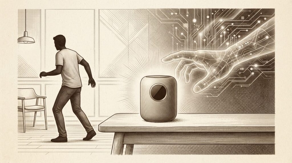 A sleek modern smart home device on a table with a translucent digital hand hovering near it, symbolizing the tension between proactive AI and human control. Monochrome ink engraving in Forkast style.