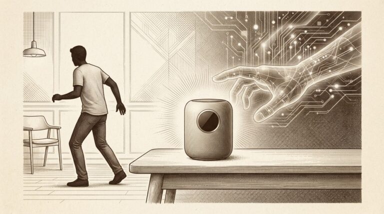A sleek modern smart home device on a table with a translucent digital hand hovering near it, symbolizing the tension between proactive AI and human control. Monochrome ink engraving in Forkast style.